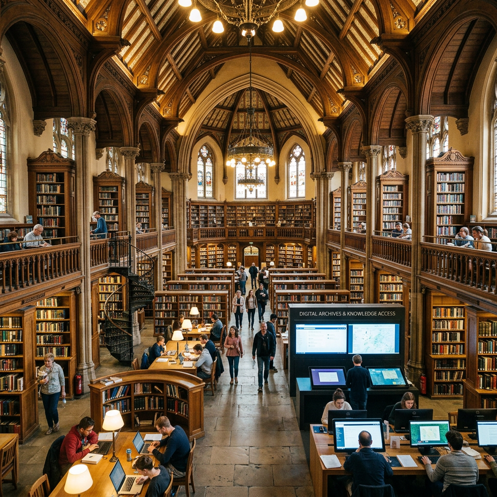 Grand library mixing traditional design and digital archives