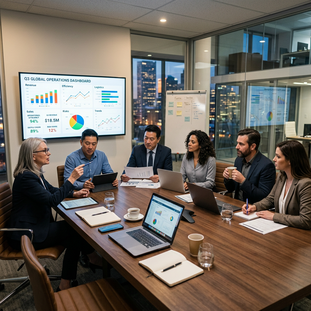Business team in a modern office discussing Q3 global operations dashboard with charts and graphs